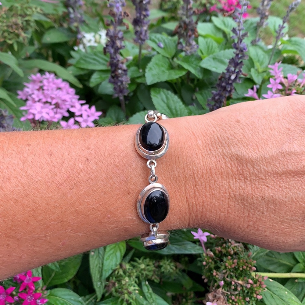 Vintage Heavy Sterling Silver Black Onyx Bracelet - Picture 4 of 17